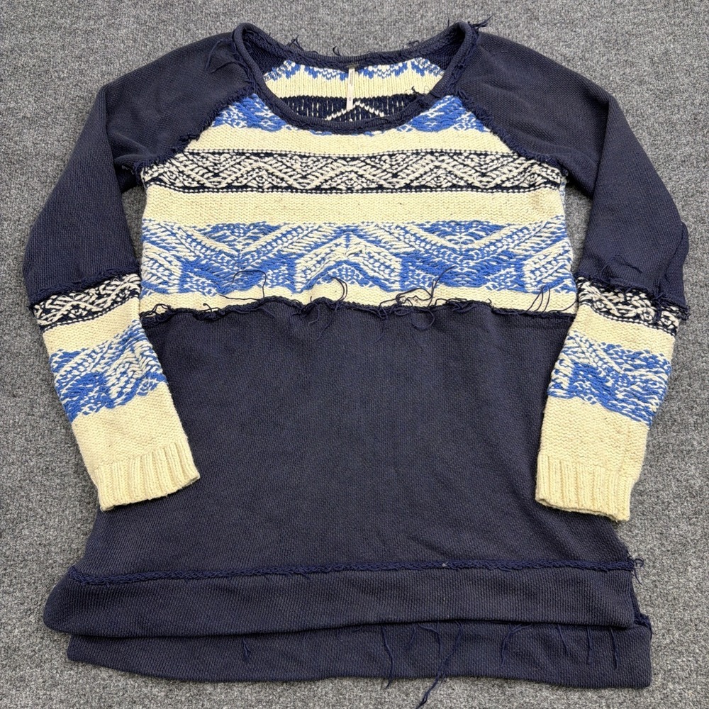 Free People Medium Blue Ivory Fair Isle Raw Edge Boho Sweater Tunic Distressed